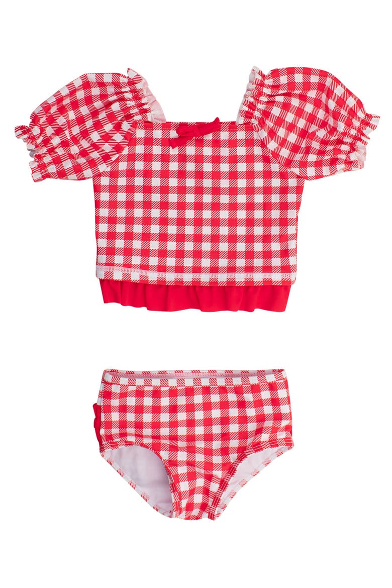 UPF50+ Puff Sleeve Ruffle Tankini 2-Piece Swimsuit, Main, color, Vintage Red Gingham