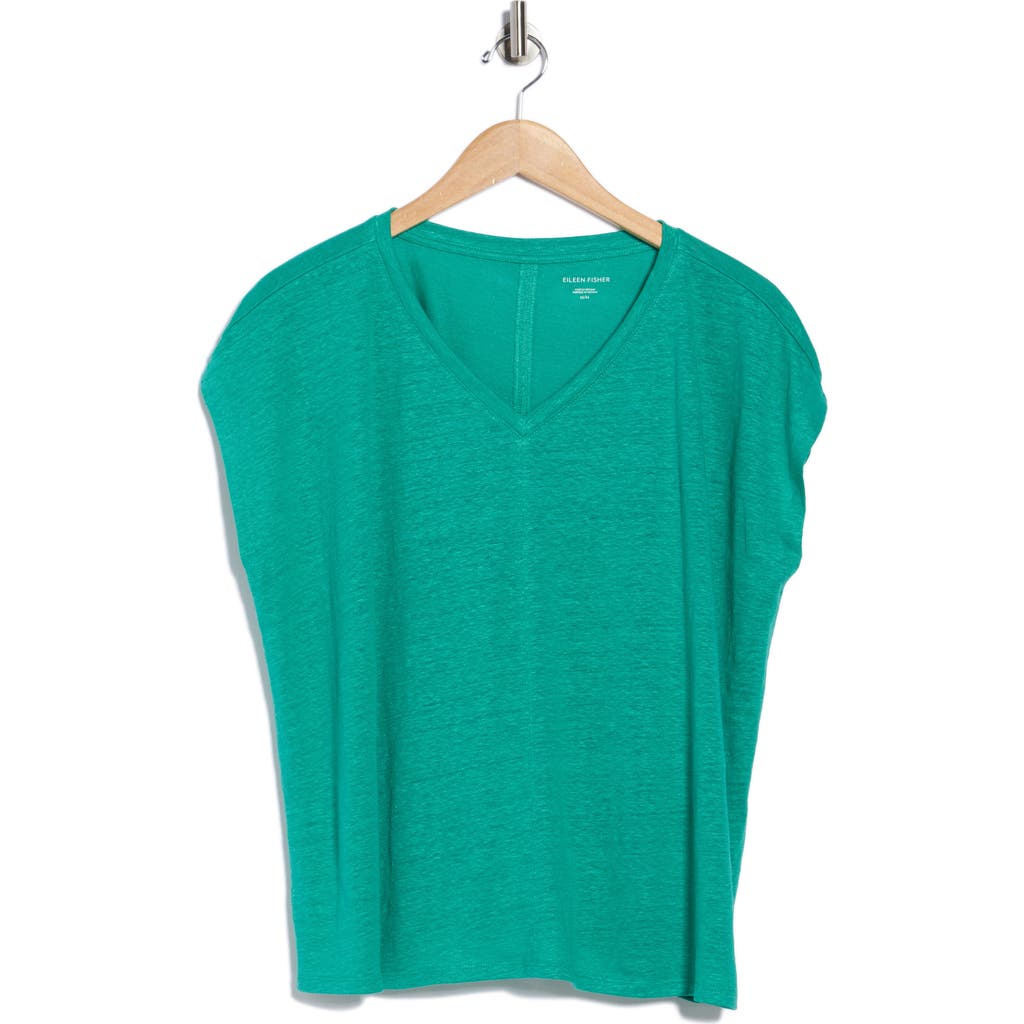 Eileen Fisher V-neck Organic Linen T-shirt In Green