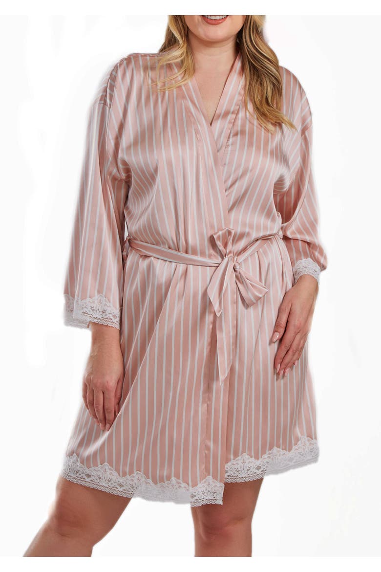 Silky Satin Stripe Lace Robe Mid-Thigh Length, Main, color, Pink