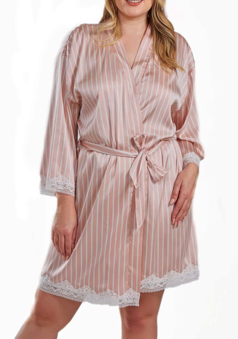 Silky Satin Stripe Lace Robe Mid-Thigh Length