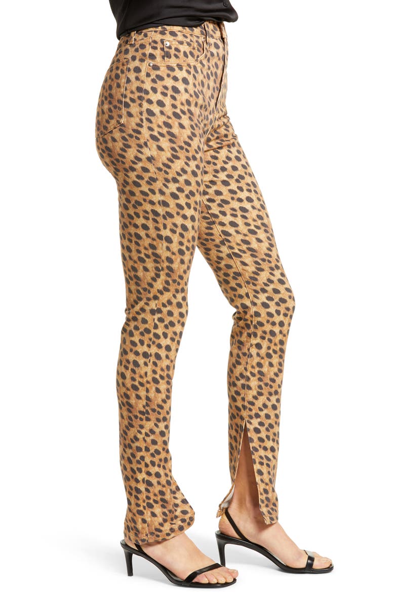 We Wore What Stiletto High Waist Split Hem Leopard Skinny Jeans, Alternate, color, BROWN