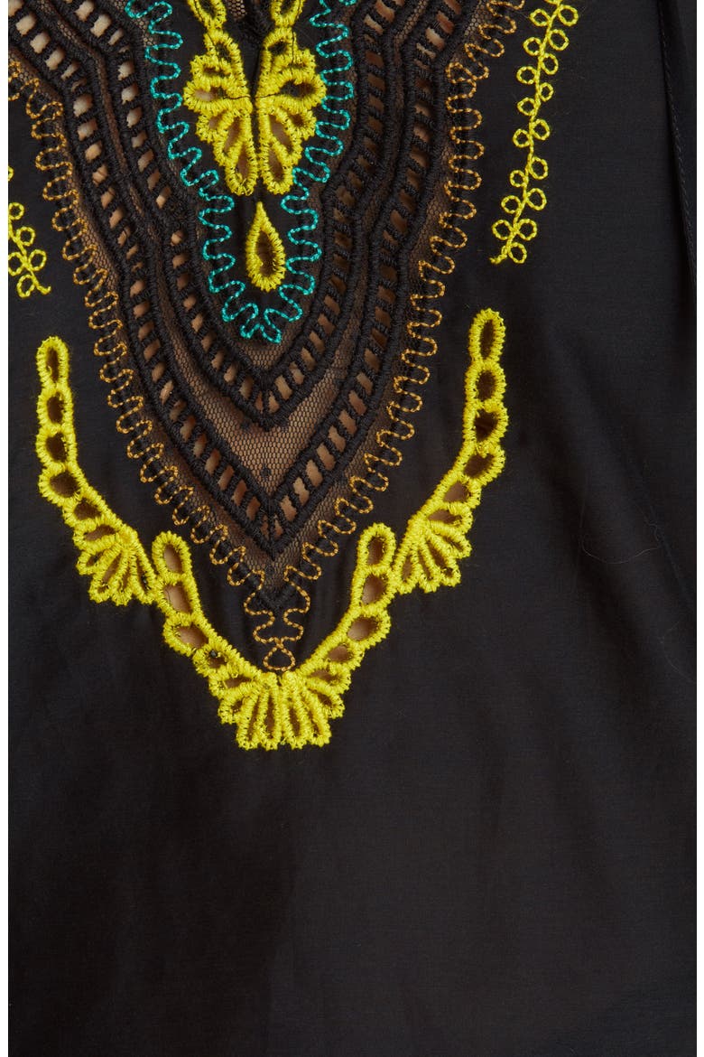 Embroidered Cotton & Silk Peasant Top, Alternate, color, BLACK