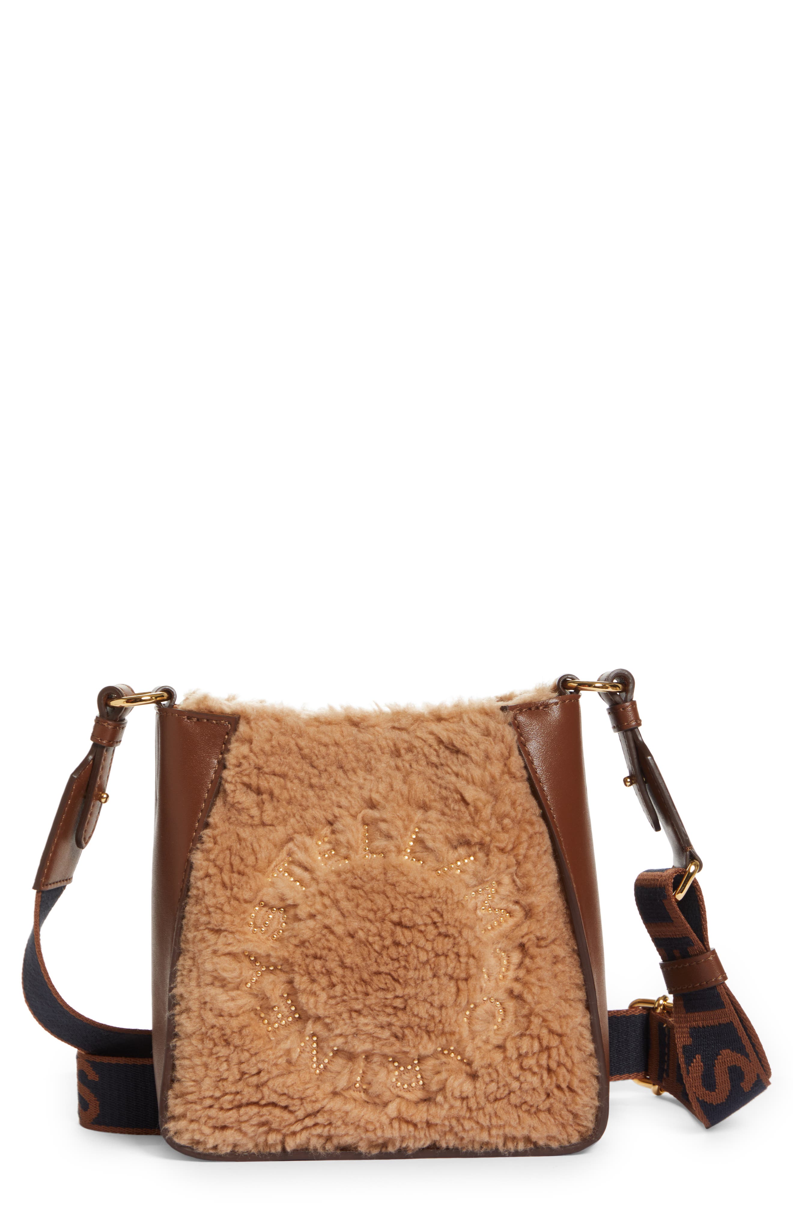 Stella McCartney Mini Faux Shearling & Faux Leather Crossbody Bag, Main, color, 