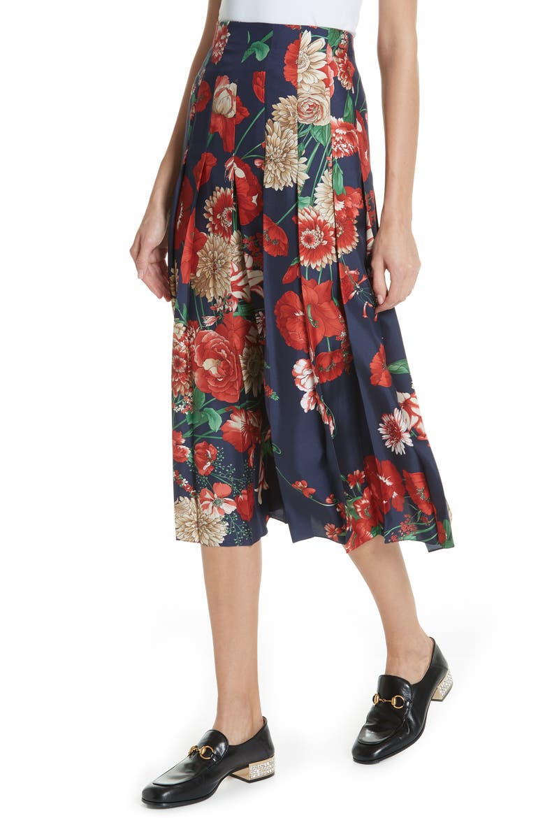 Spring Bouquet Print Silk Pleated Skirt, Alternate, color, BLUE/ RED PRINT