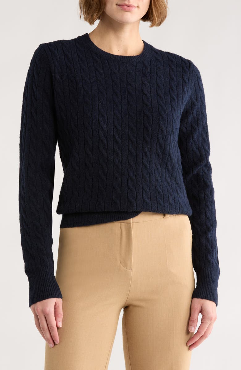 Brooks Brothers Cable Knit Crewneck Sweater, Main, color, Navy