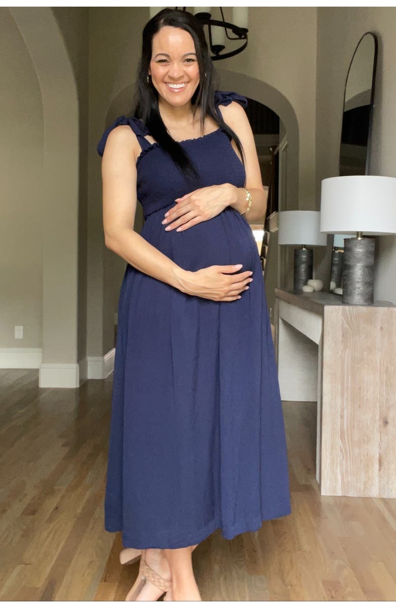 PinkBlush Smocked Tie Strap Midi Dress, Alternate, color, Navy Blue