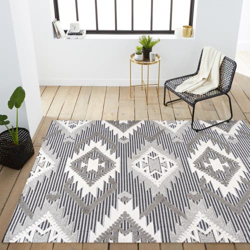 Jonathan Y Sumak High-low Pile Neutral Diamond Kilim Indoor/outdoor Area Rug In Gray/white/black