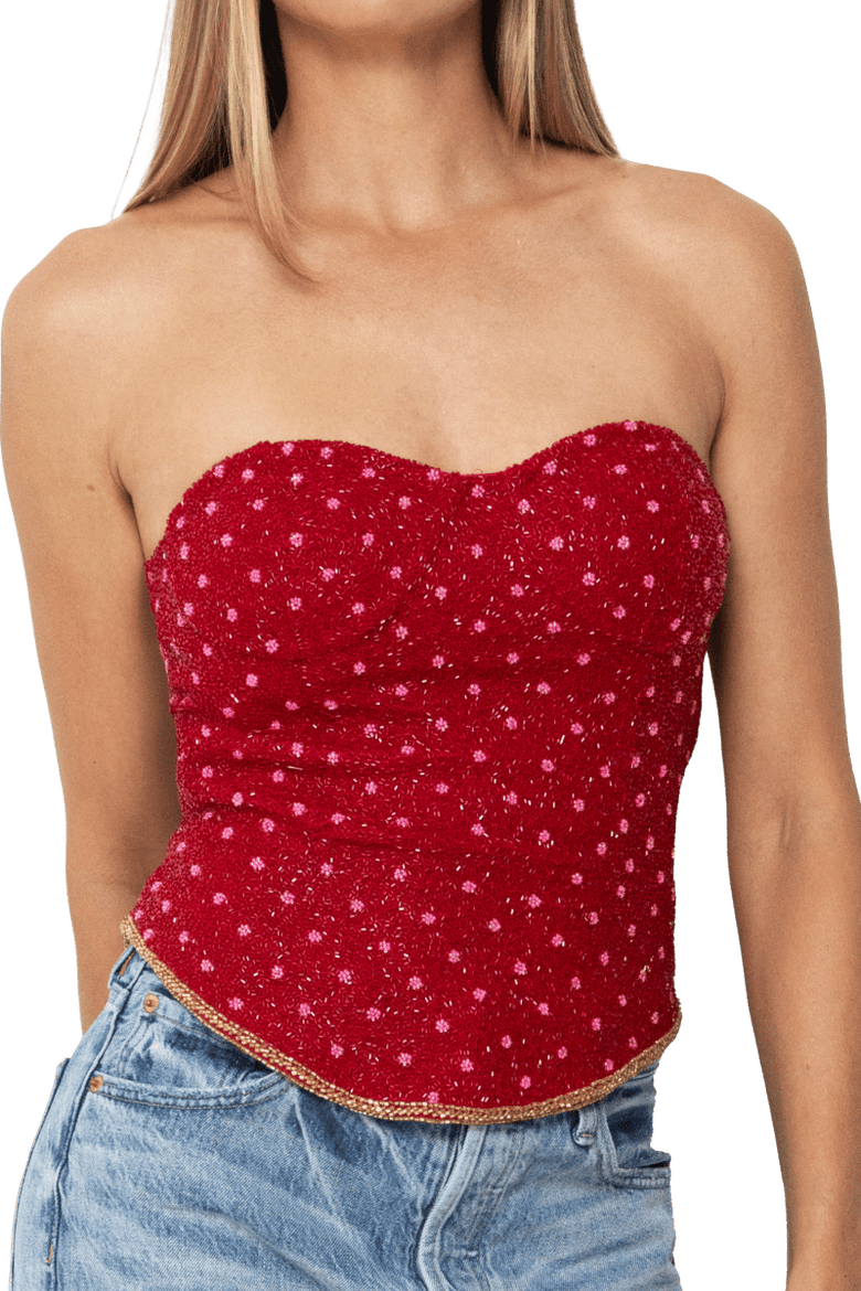 Perla Hand Beaded Embellished Corset Top, Main, color, Red