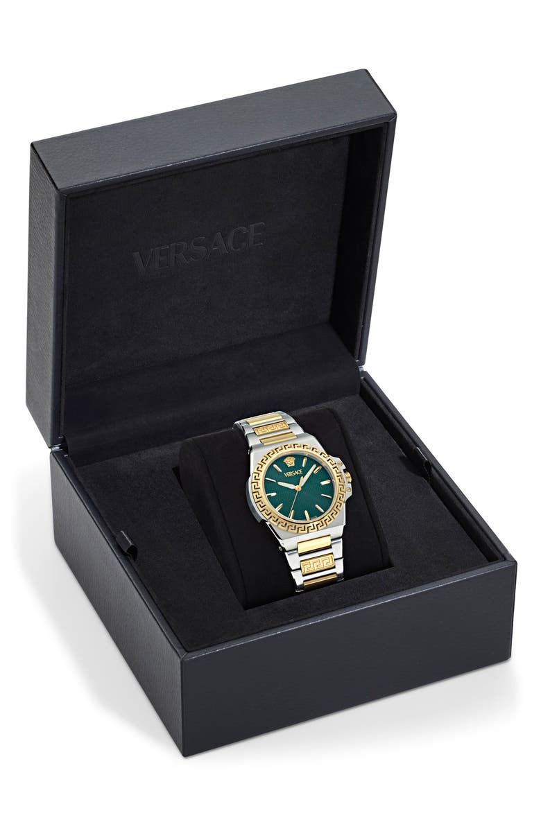 Versace Greca Reaction Bracelet Watch, 38mm, Alternate, color, Green/ Two Tone