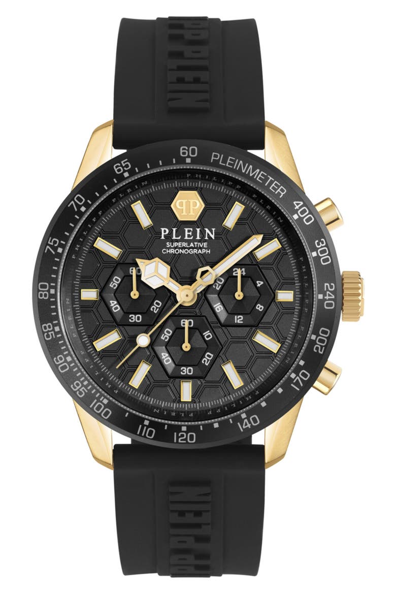 Pleinmeter Chronograph Silicone Strap Watch, 44mm, Main, color, IP YELLOW GOLD