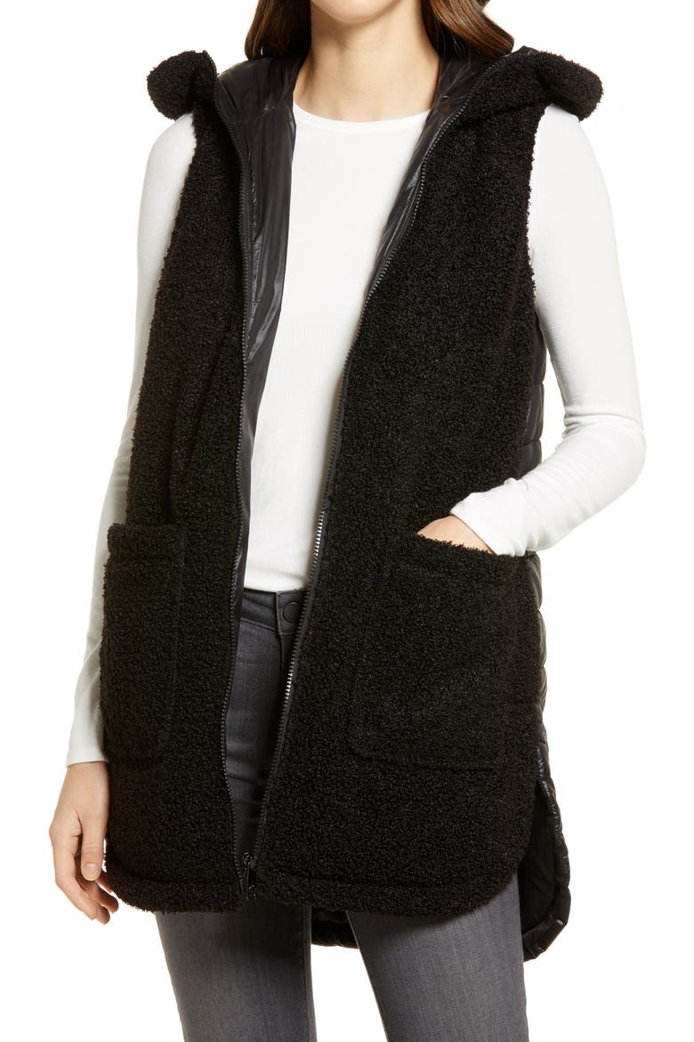 Hooded Faux Fur Teddy Vest, Main, color, BLACK
