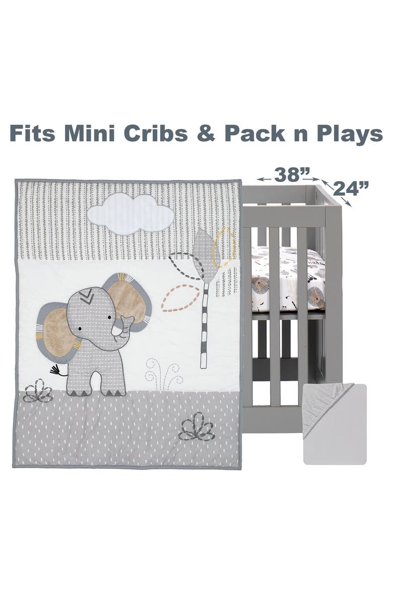 Lambs & Ivy Jungle Safari Elephant 3-Piece Mini Crib Bedding Set, Alternate, color, Gray