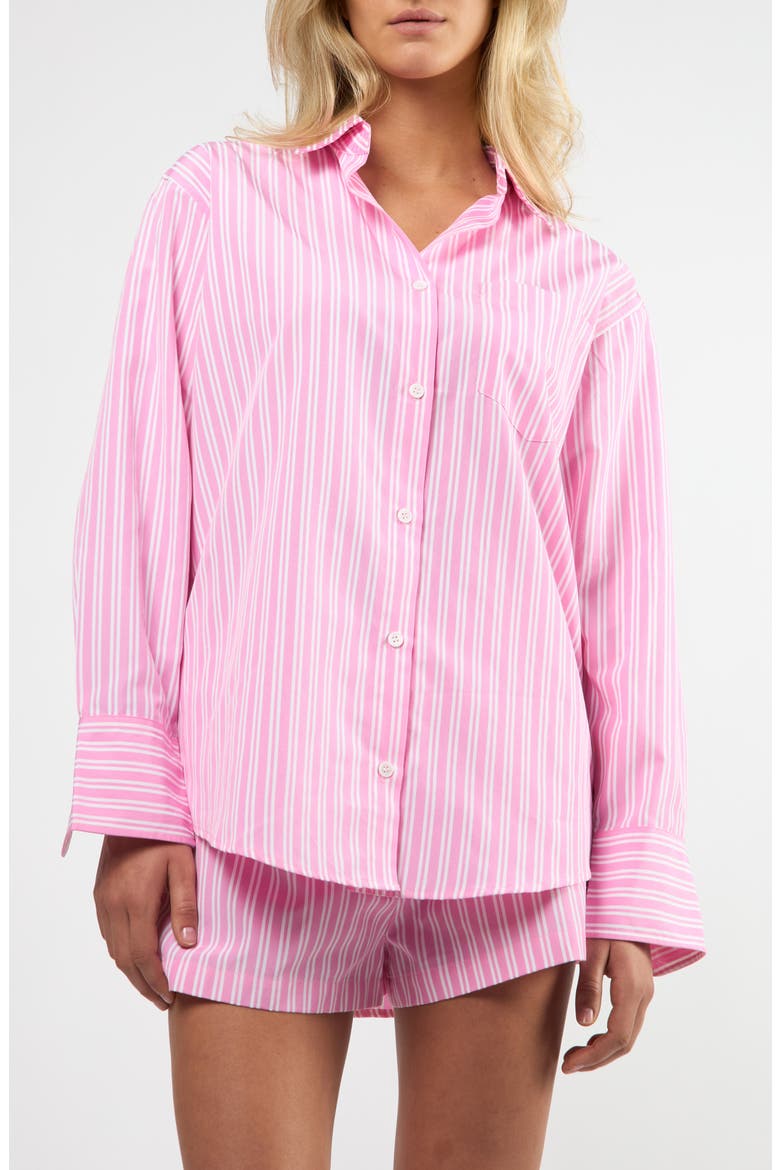 Seaside Stripe Cotton Blend Button-Up Shirt, Main, color, PINK