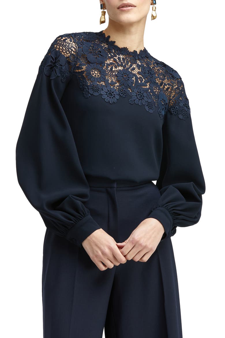 Lace Detail Silk Blouse, Main, color, NAVY