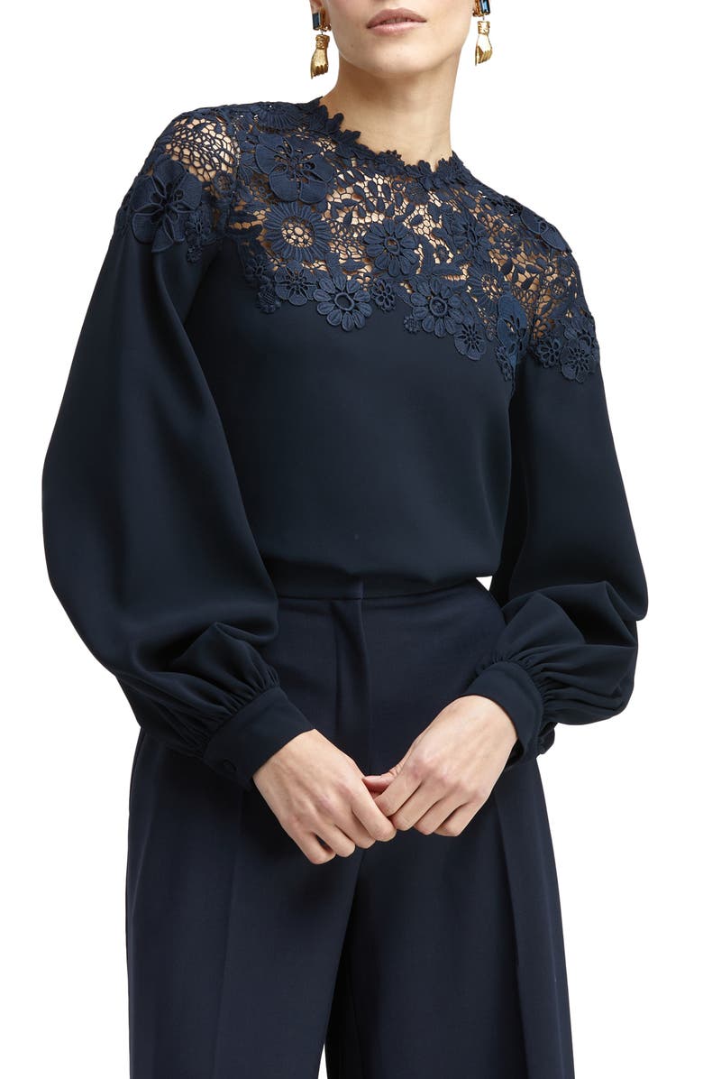 Oscar de la Renta Lace Detail Silk Blouse, Main, color, 