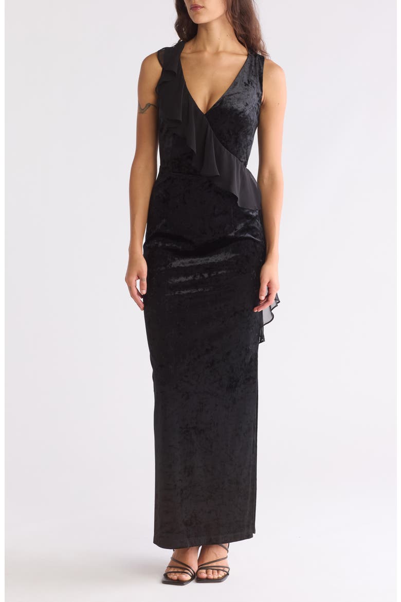 Ruffle Neck V-Neck Velvet Dress, Main, color, BLACK
