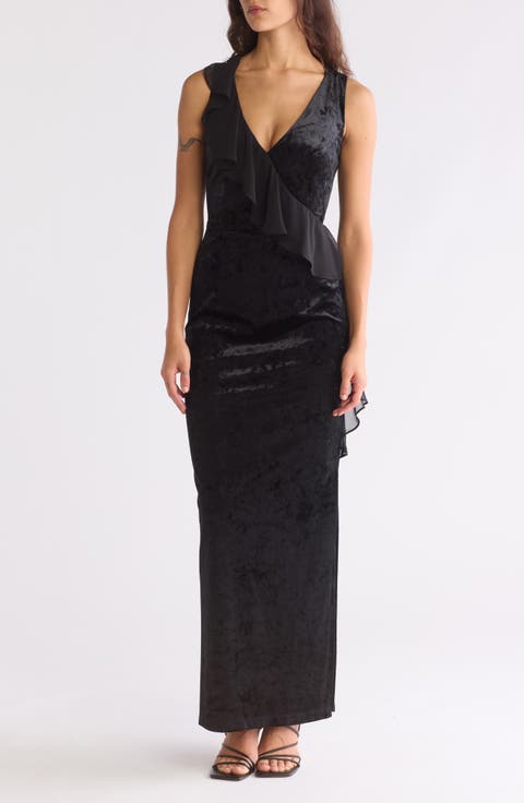 Ruffle Neck V-Neck Velvet Dress