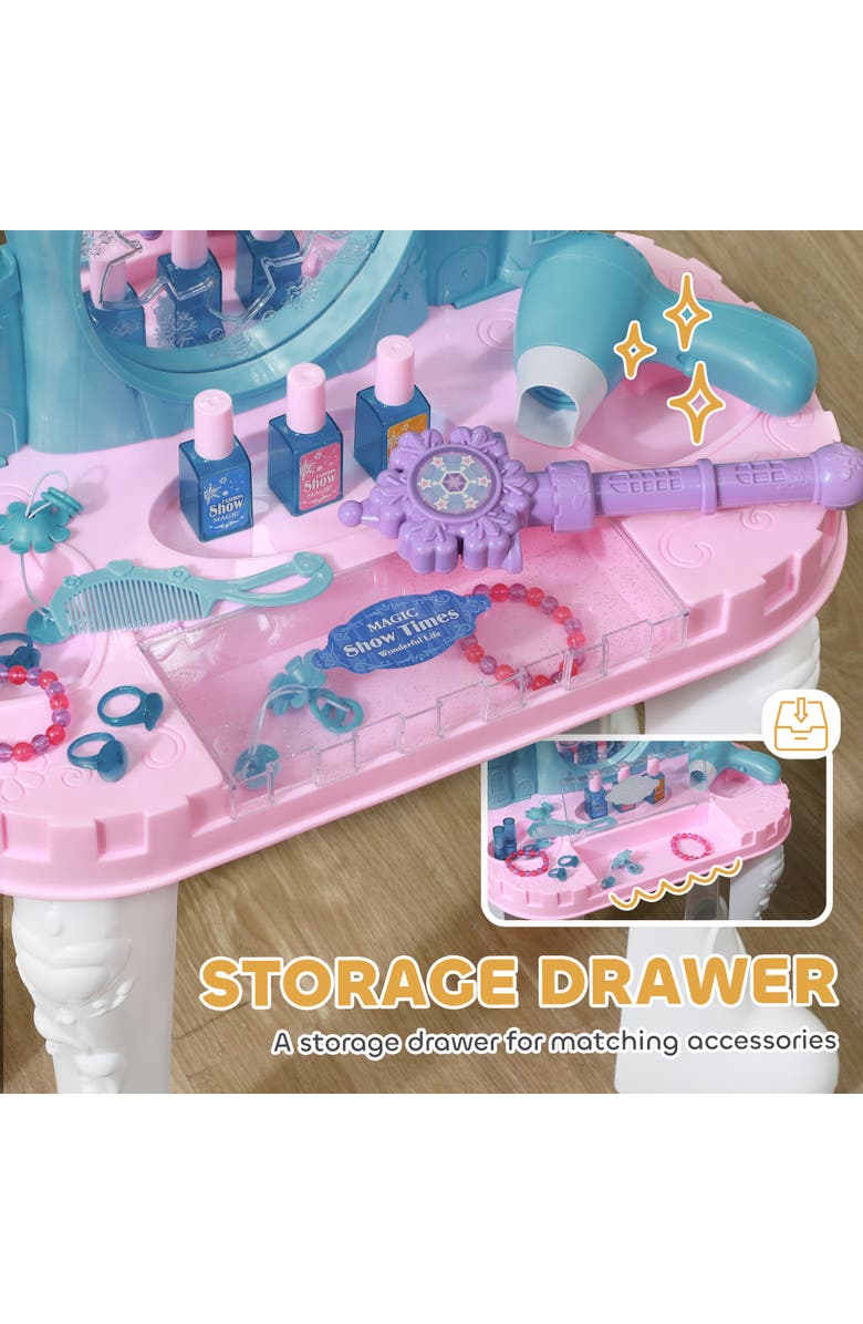 Qaba Kids Vanity Set, Mirror, Stool, Castle Design, Light, Music, Hair Dryer, Alternate, color, Multicolor