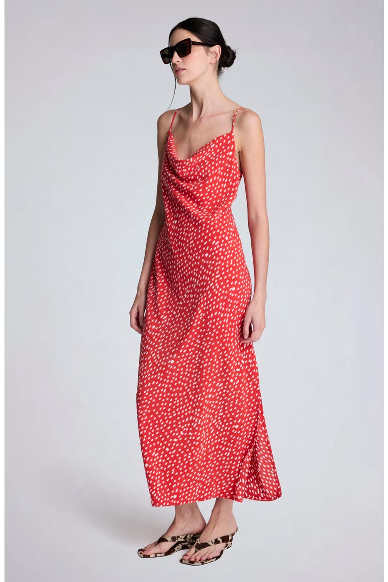 Polka Dot Satin Cowl Neck Slip Dress, Alternate, color, LAVA RED/ OYSTER