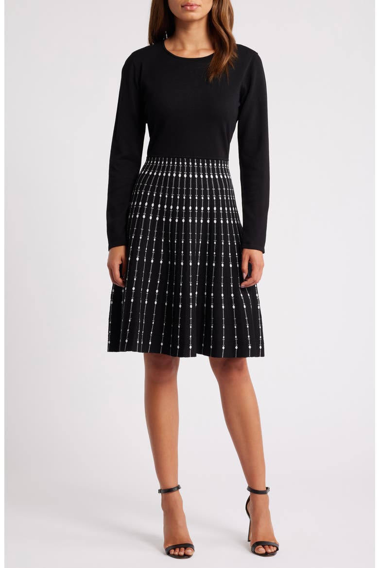 Pattern Long Sleeve Knit Dress, Main, color, BLACK/ WHITE