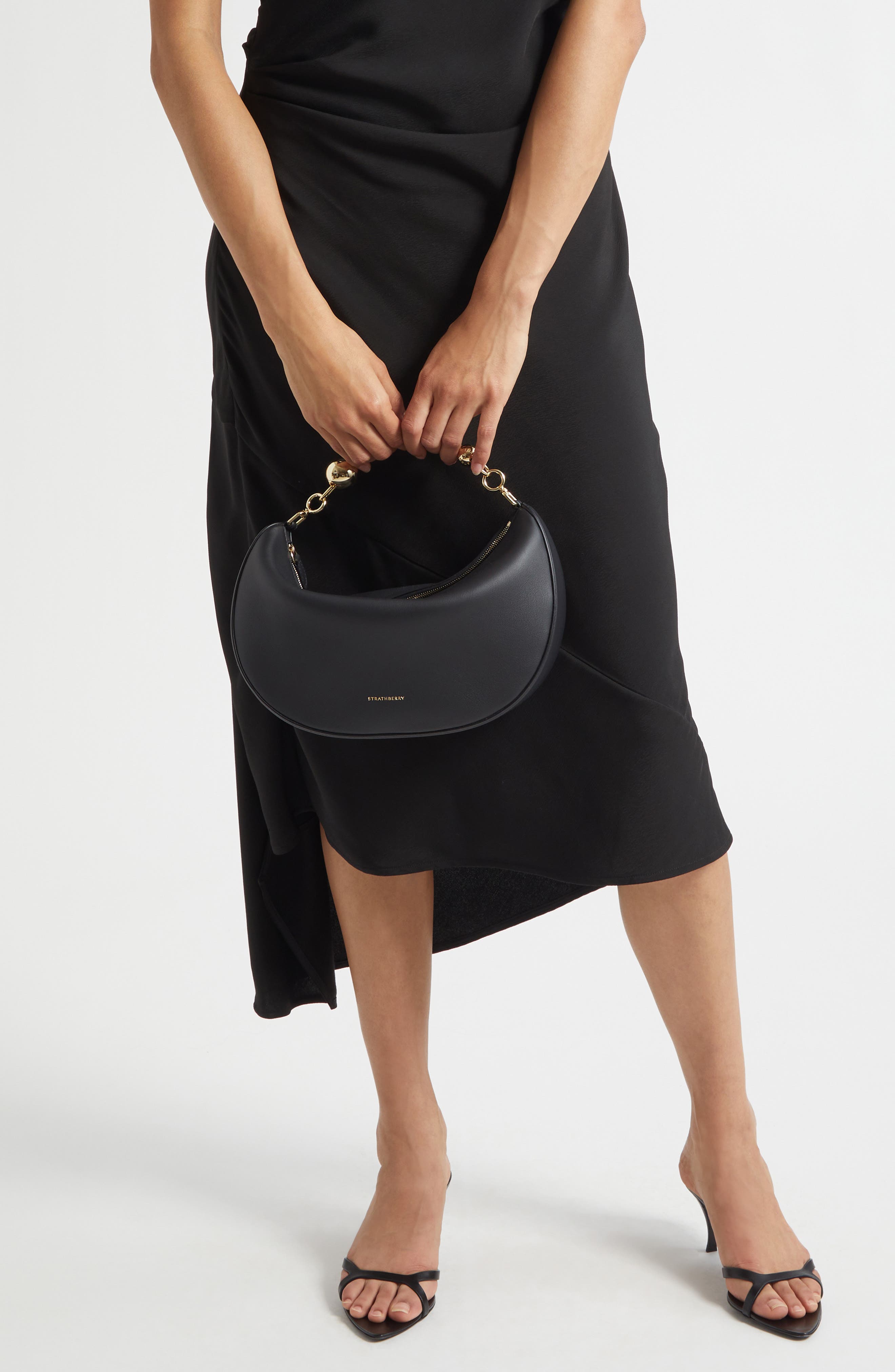 Strathberry Crescent Moon Leather Shoulder Bag, Alternate, color, Black