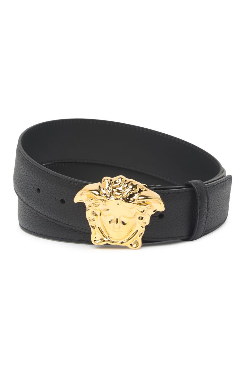 Medusa Buckle Black Leather Belt, Main, color, BLACK