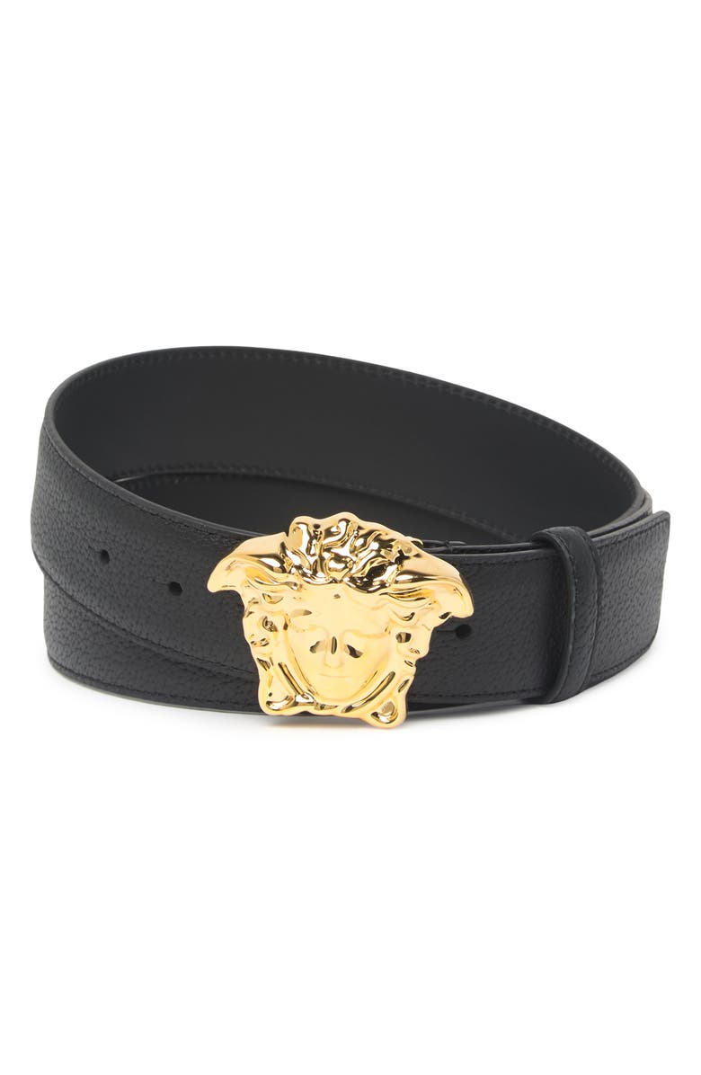 Versace Medusa Buckle Black Leather Belt, Main, color, 