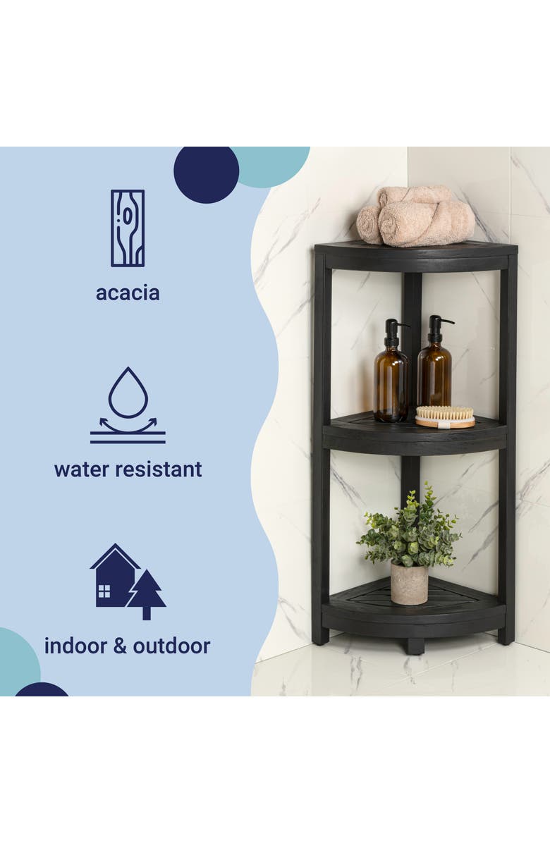 HAPPIMESS Sela 33" Classic Minimalist 3-Tier Acacia Wood Freestanding Bathroom Corner Shelf, Alternate, color, Black
