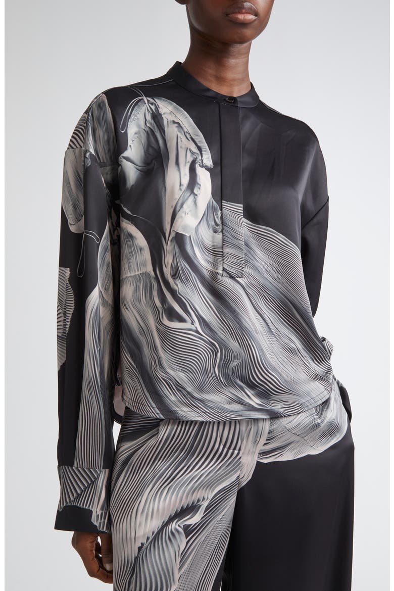 Oversize Dancing Pleat Print Satin Popover Shirt, Alternate, color, BLACK / LIGHT PINK MULTI