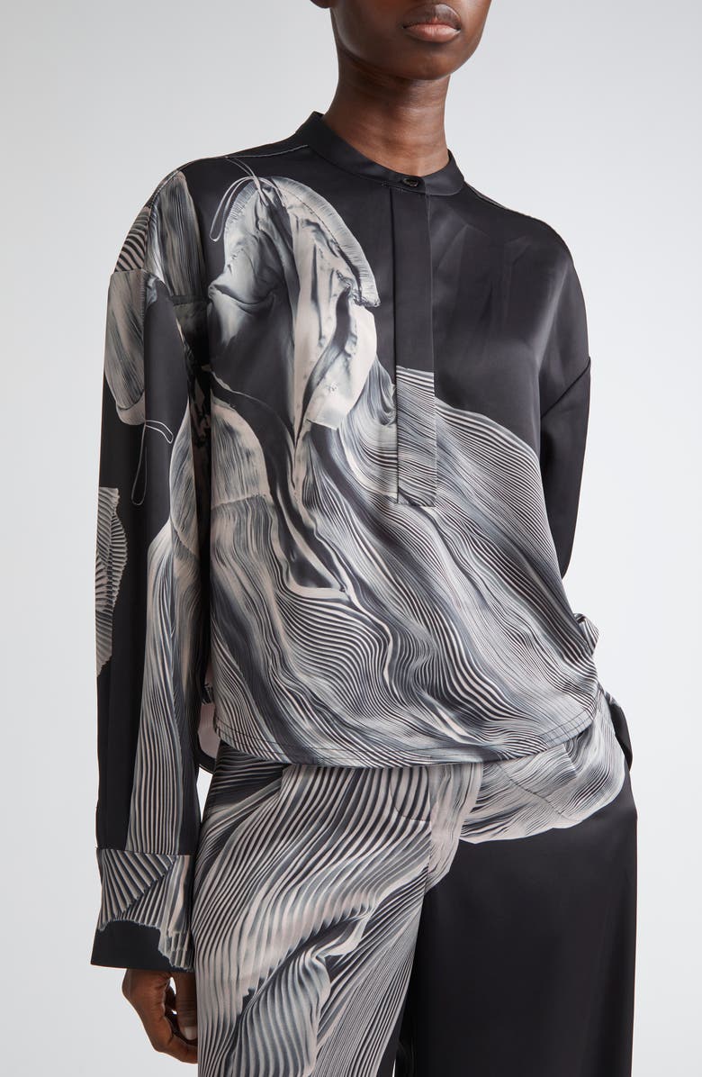 Jason Wu Collection Oversize Dancing Pleat Print Satin Popover Shirt, Alternate, color, Black / Light Pink Multi