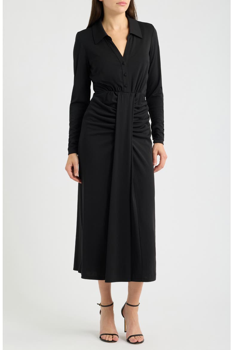 Ruched Long Sleeve Midi Dress, Main, color, BLACK