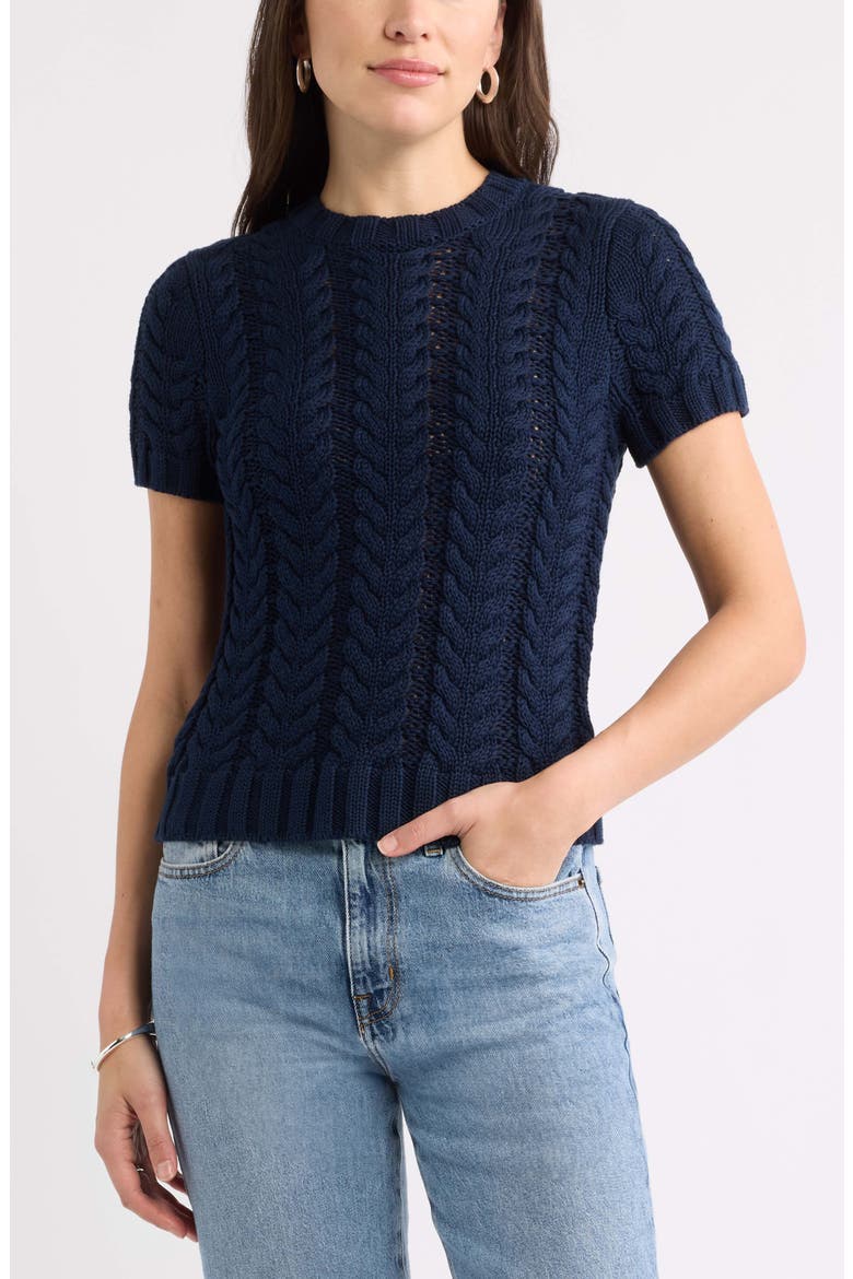 Cable Stitch Short Sleeve Cotton Sweater, Main, color, NAVY STILL