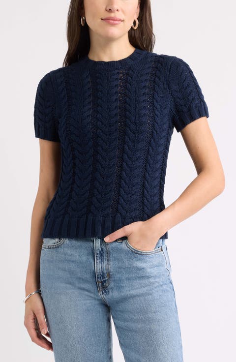 Cable Stitch Short Sleeve Cotton Sweater