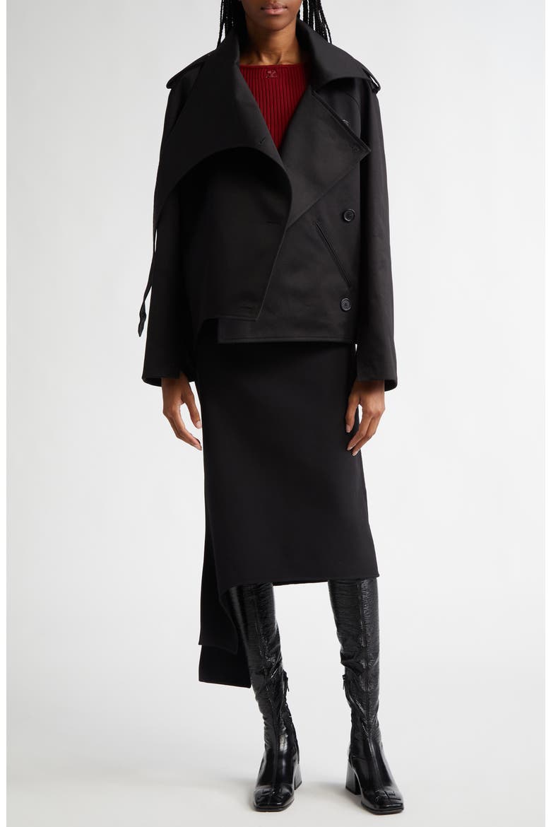 Oblique Double Breasted Short Trench Coat, Alternate, color, BLACK
