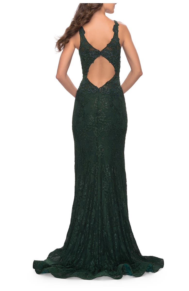 La Femme Long Lace Dress with Plunging Neckline, Alternate, color, Dark Emerald