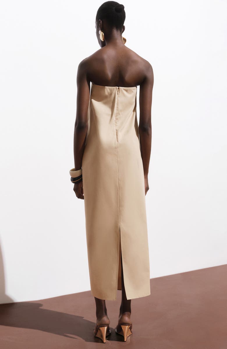 MANGO Strapless Pleat Front Dress, Alternate, color, Medium Brown