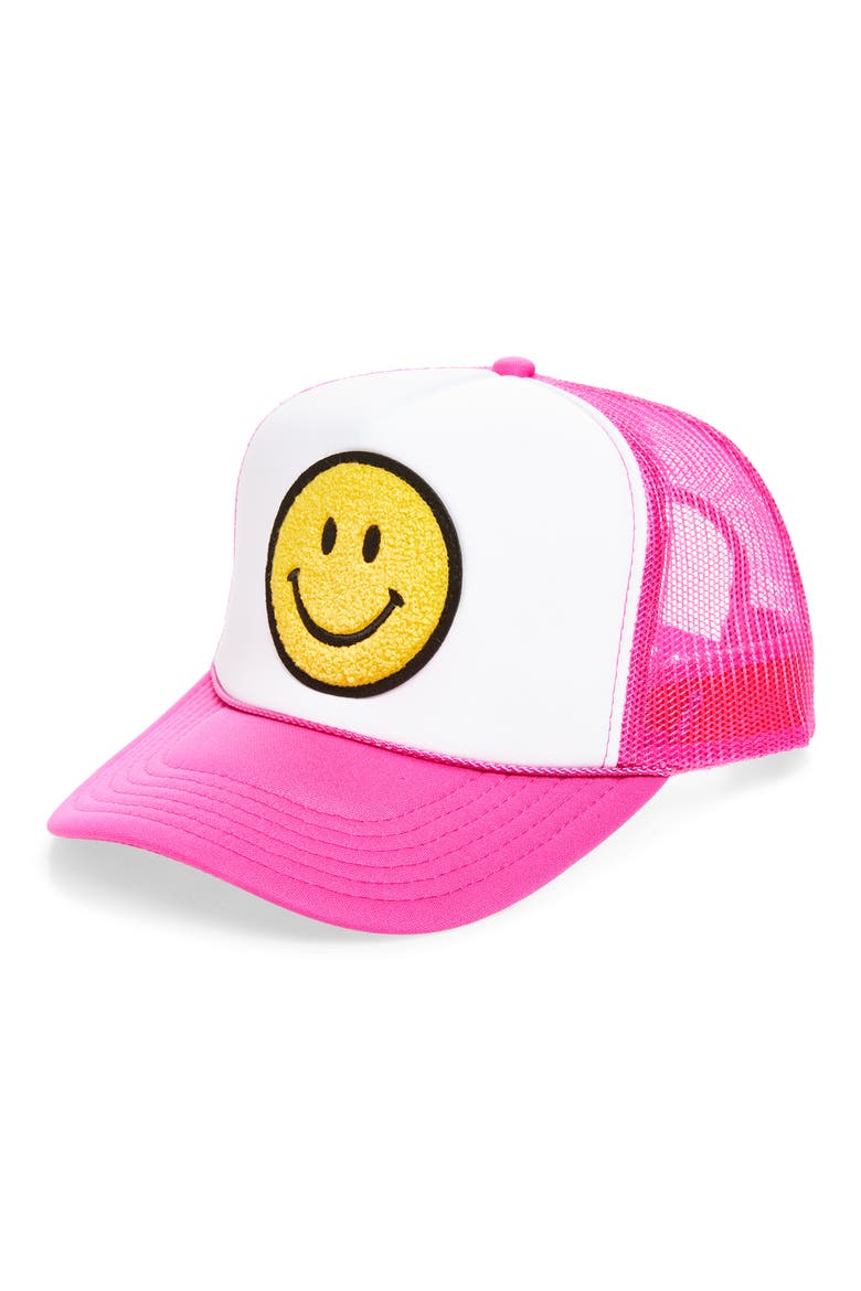 Smiley Patch Trucker Hat, Main, color, PINK / WHITE