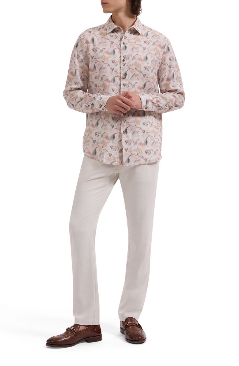 Bugatchi Julian Shaped Fit Abstract Leaf Print Linen Button-Up Shirt, Alternate, color, Desert