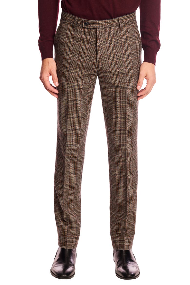 Downing Slim Fit Flat Front Houndstooth Wool Blend Dress Pants, Main, color, TEAL BURGUNDY BROWN PLAID