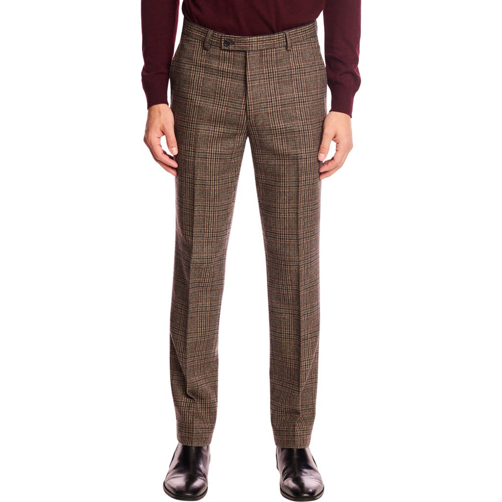 Paisley & Gray Downing Slim Fit Flat Front Houndstooth Wool Blend Dress Pants In Brown
