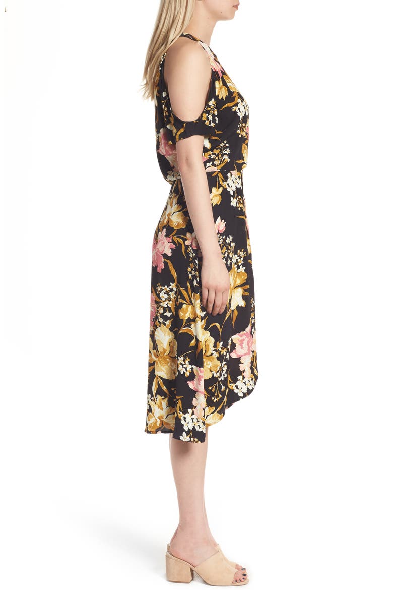 Cold Shoulder Midi Dress, Alternate, color, BLACK MIXED FLORAL