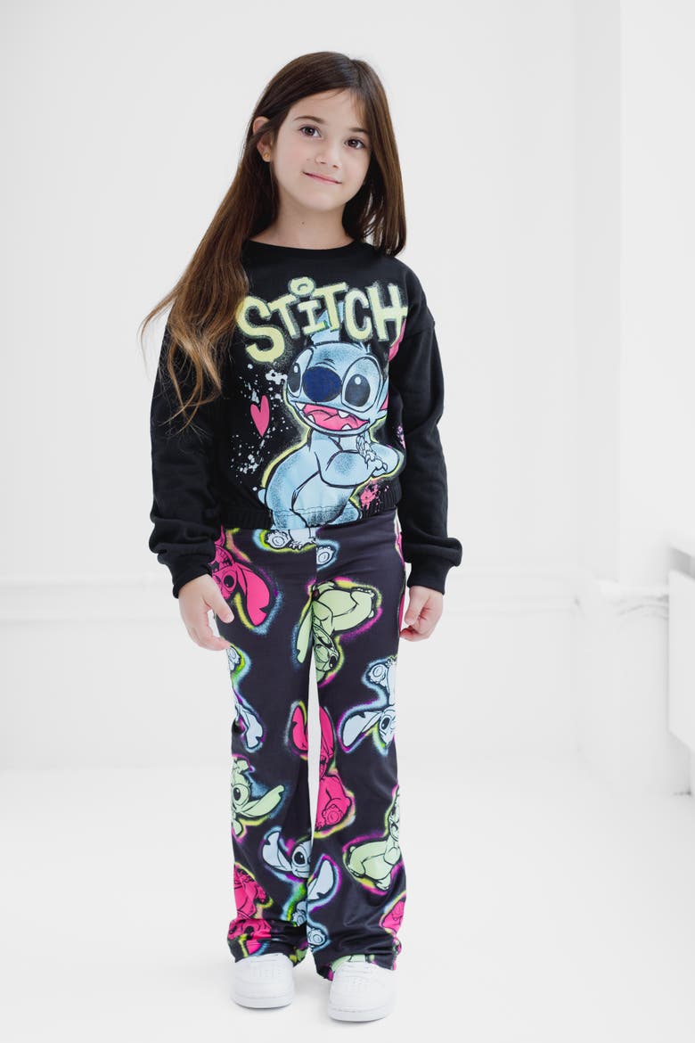 Lilo & Stitch Fleece Cropped Sweatshirt and Flare Leggings Set, Alternate, color, Black Neon Stitch