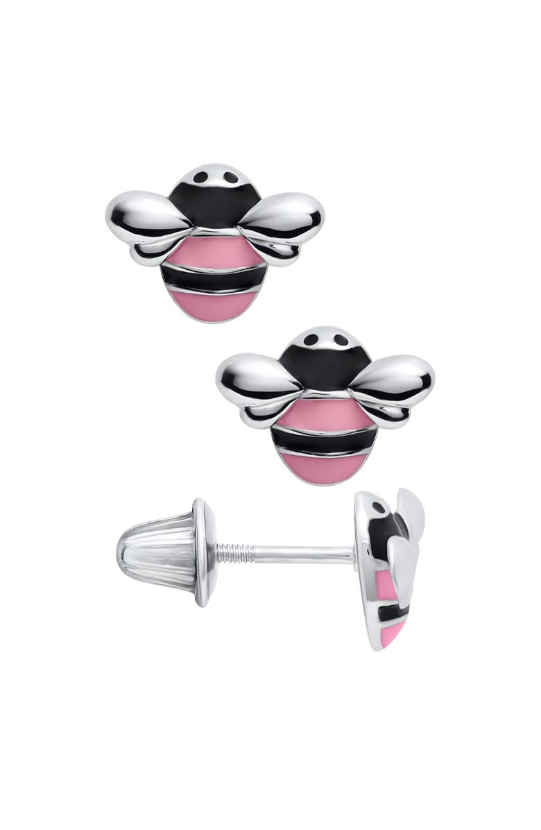 Mia Belle Girls Bumble Bee Sterling Silver Earrings, Main, color, Metallic Silver