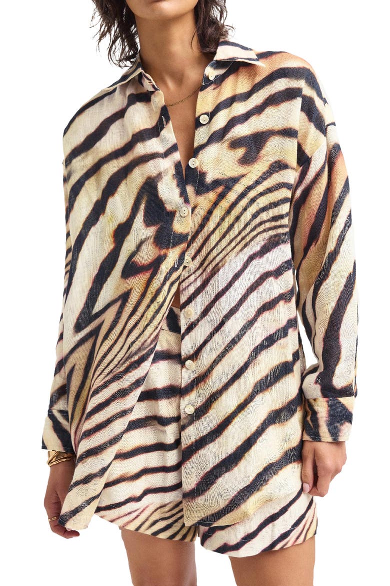 Playa Oversize Linen Cover-Up Shirt, Main, color, SHELL STRIPE