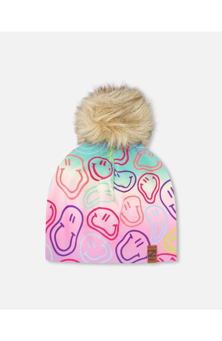 Deux par Deux Stretch Jersey Hat Smileys with Pompom, Main, color, Multicolored Printed Smileys