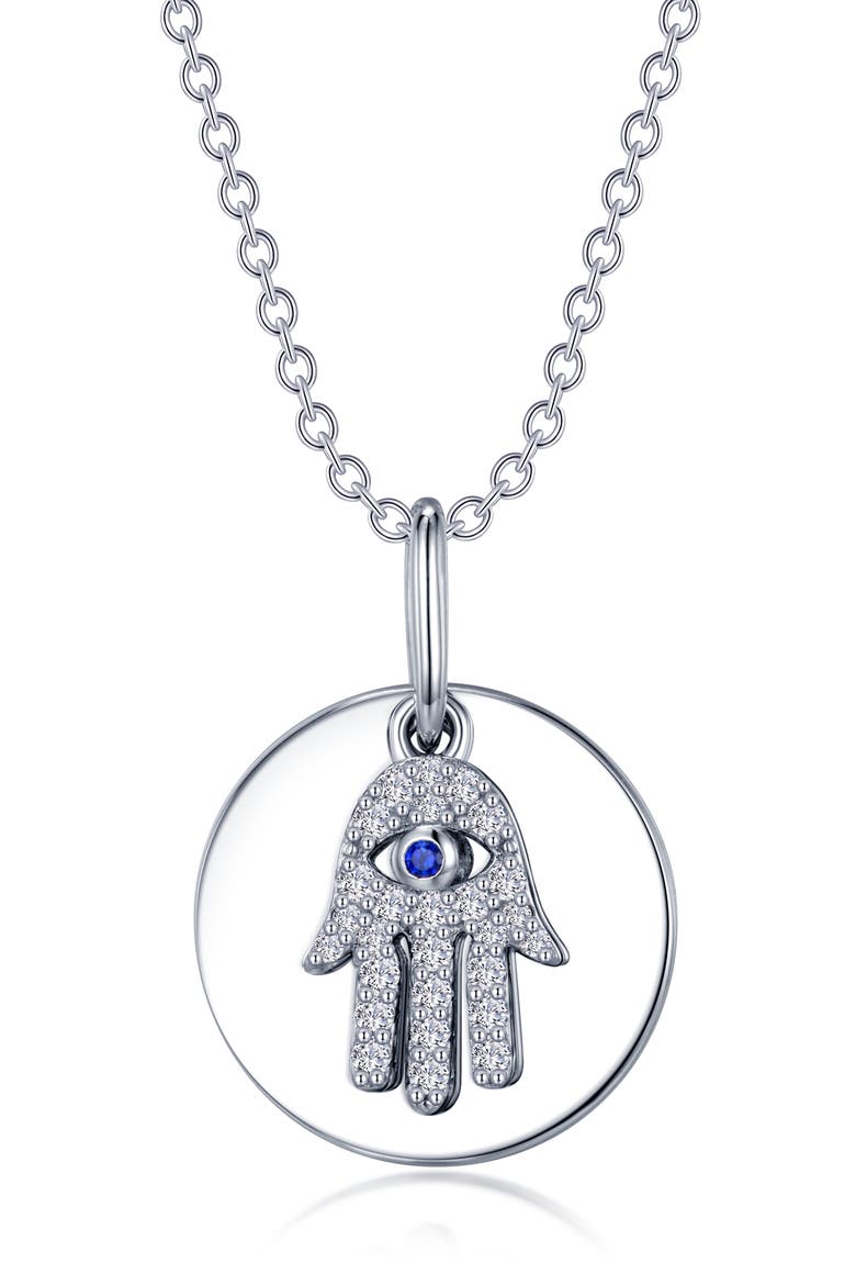 Hamsa Lab-Grown Sapphire & Simulated Diamond Pendant Necklace, Main, color, SILVER