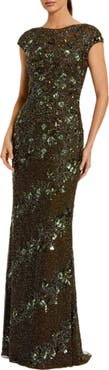 Mac Duggal Floral Embellished Cap Sleeve Column Evening Gown