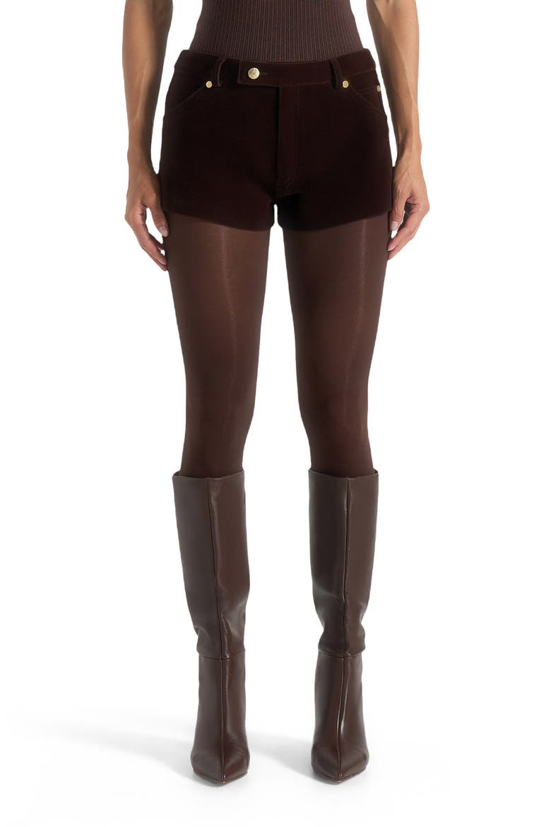 Samia Velvet Patent Mini Shorts, Main, color, Brown