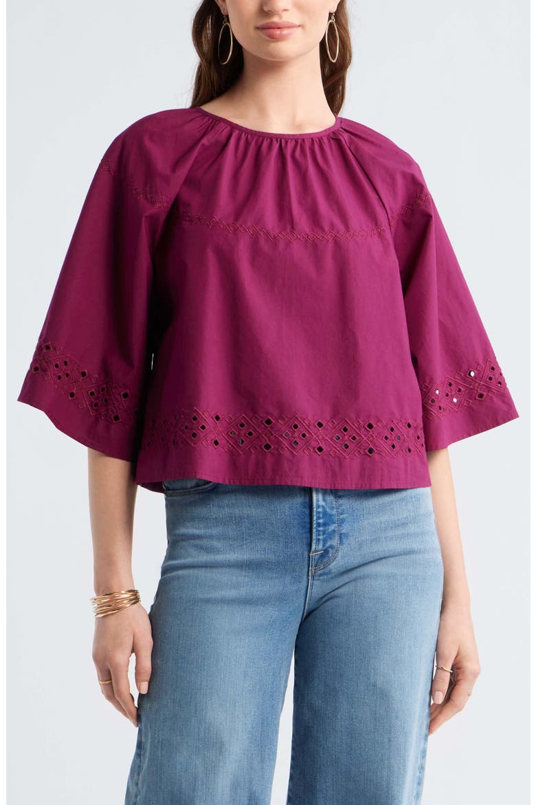 Eyelet Embroidered Poplin Swing Top, Main, color, PURPLE POTION