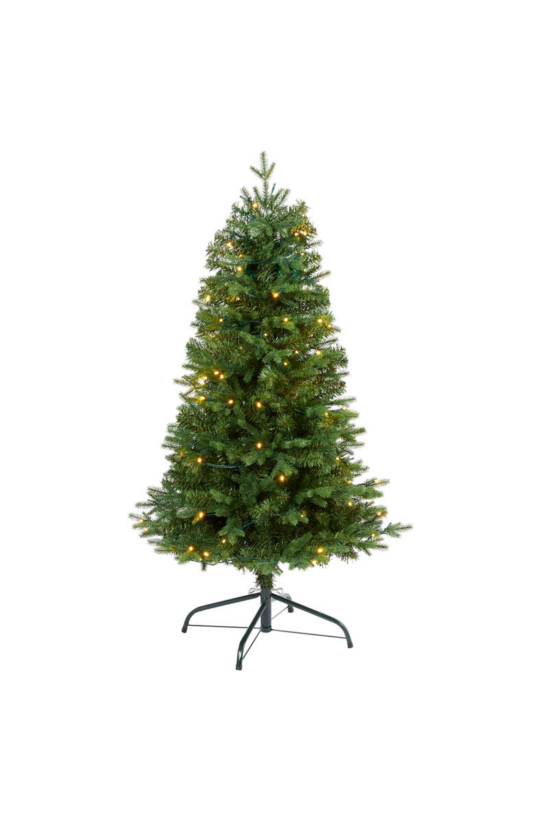 NEARLY NATURAL 4-ft Vermont Fir Artificial Christmas Tree with 100 Clear LED Lights, Main, color, Green